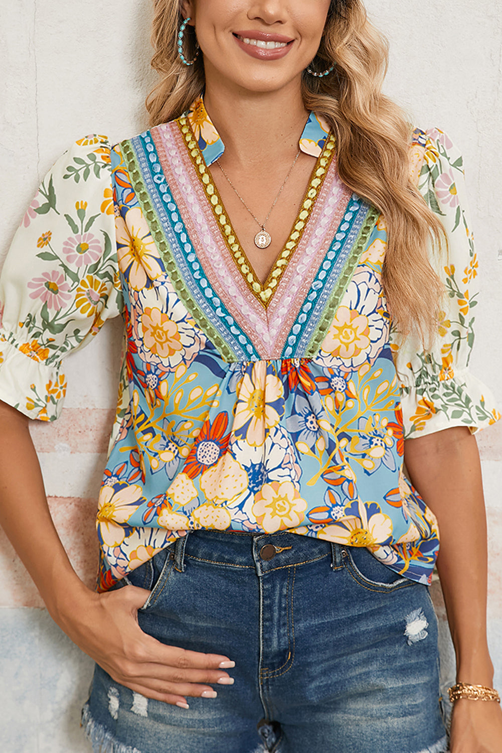 Multicolor Boho Floral Blouse Crochet V Neck Half Sleeve