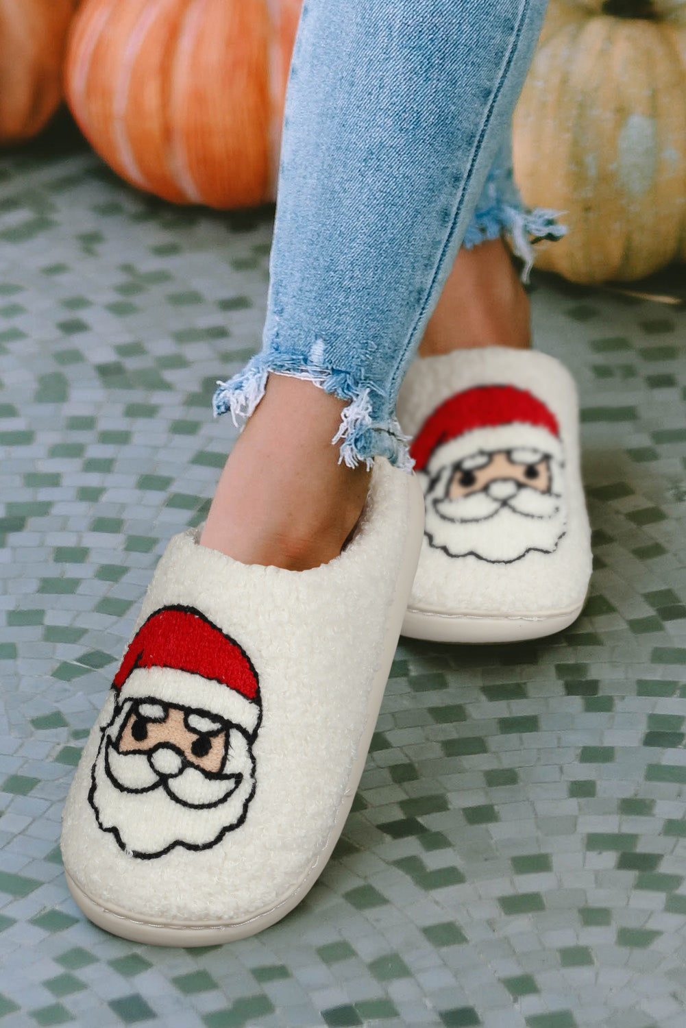 Santa Claus Graphic Plush White Slippers
