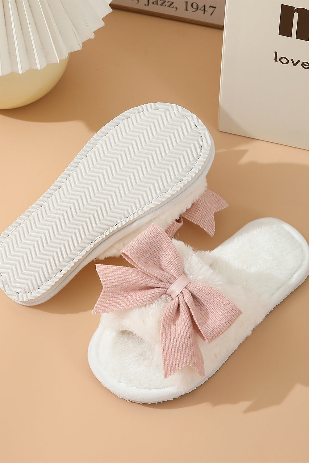 Pink Bow White Open Toe Plush Slippers