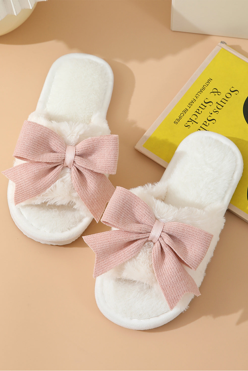 Pink Bow White Open Toe Plush Slippers