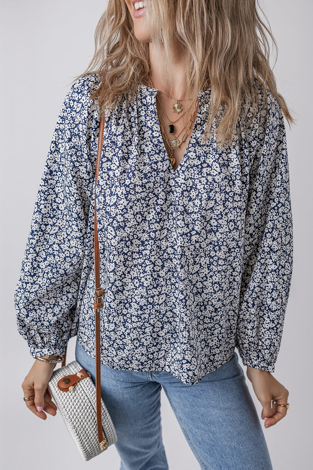Blue Floral Print Notched V Neck Puff Sleeve Cotton Blouse