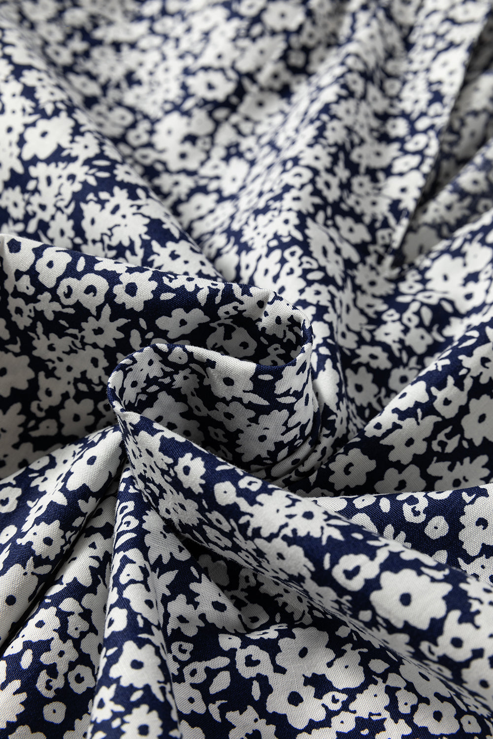 Blue Floral Print Notched V Neck Puff Sleeve Cotton Blouse