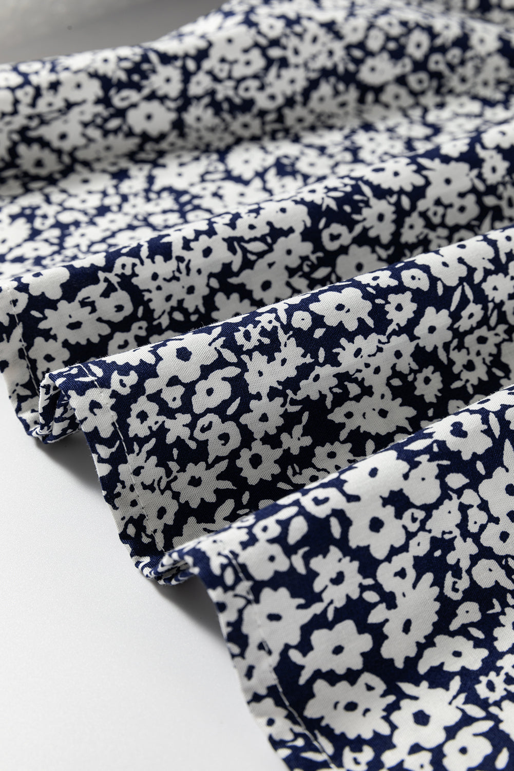 Blue Floral Print Notched V Neck Puff Sleeve Cotton Blouse