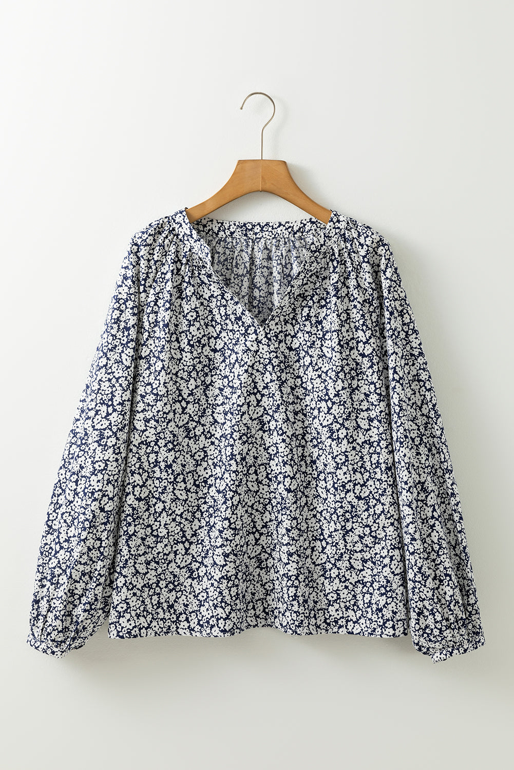 Blue Floral Print Notched V Neck Puff Sleeve Cotton Blouse