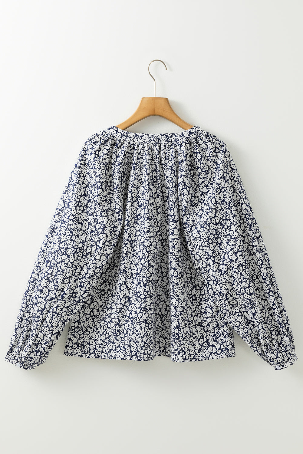 Blue Floral Print Notched V Neck Puff Sleeve Cotton Blouse