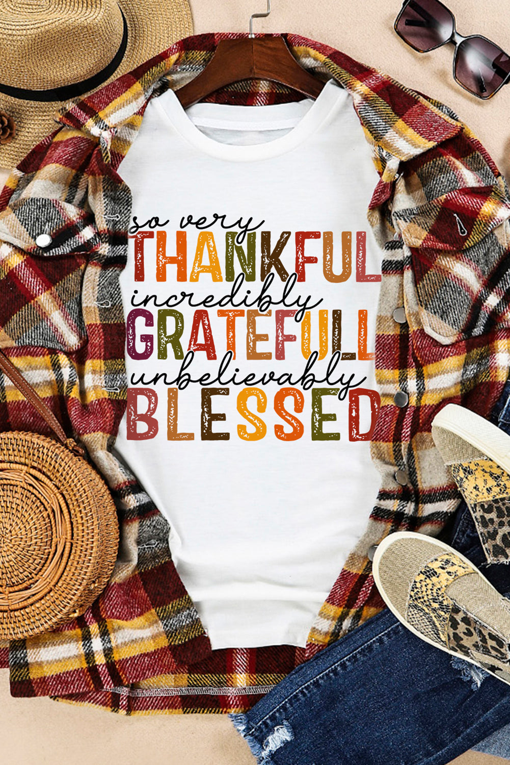 Thanksgiving Print Crew Neck White Tee