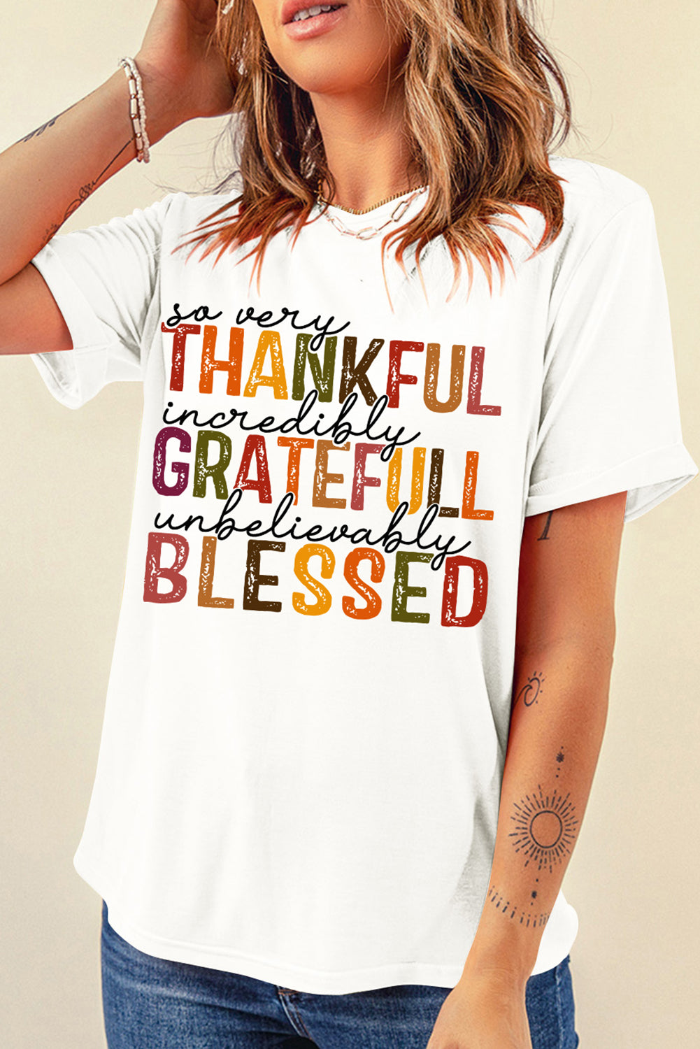 Thanksgiving Print Crew Neck White Tee