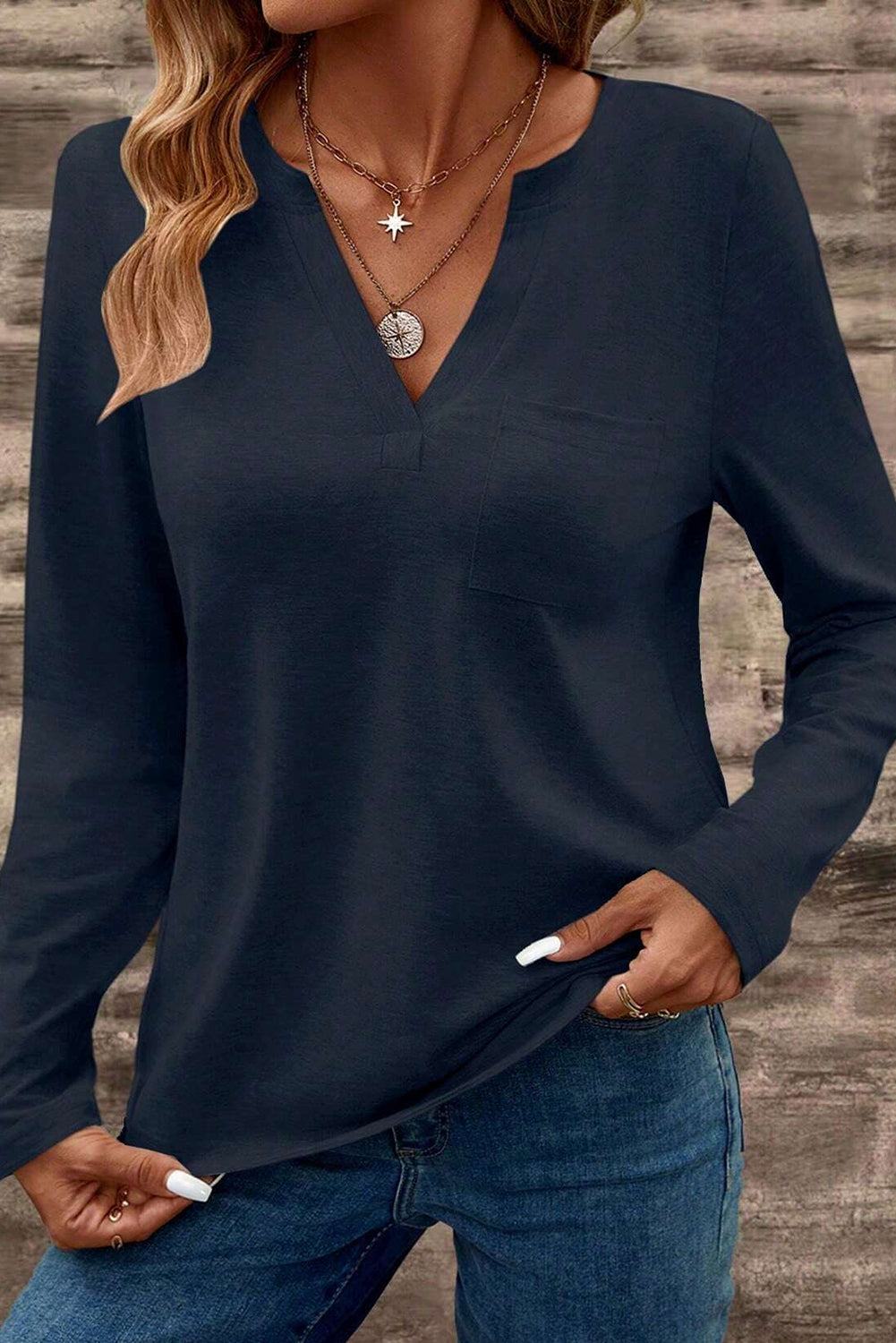 Blue Notch V Neck Pocket Patched Long Sleeve Tee