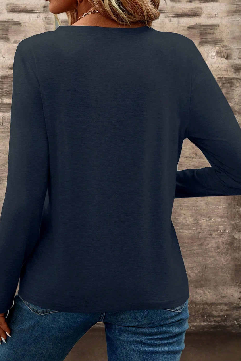 Blue Notch V Neck Pocket Patched Long Sleeve Tee