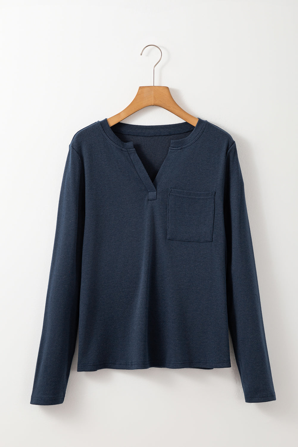 Blue Notch V Neck Pocket Patched Long Sleeve Tee