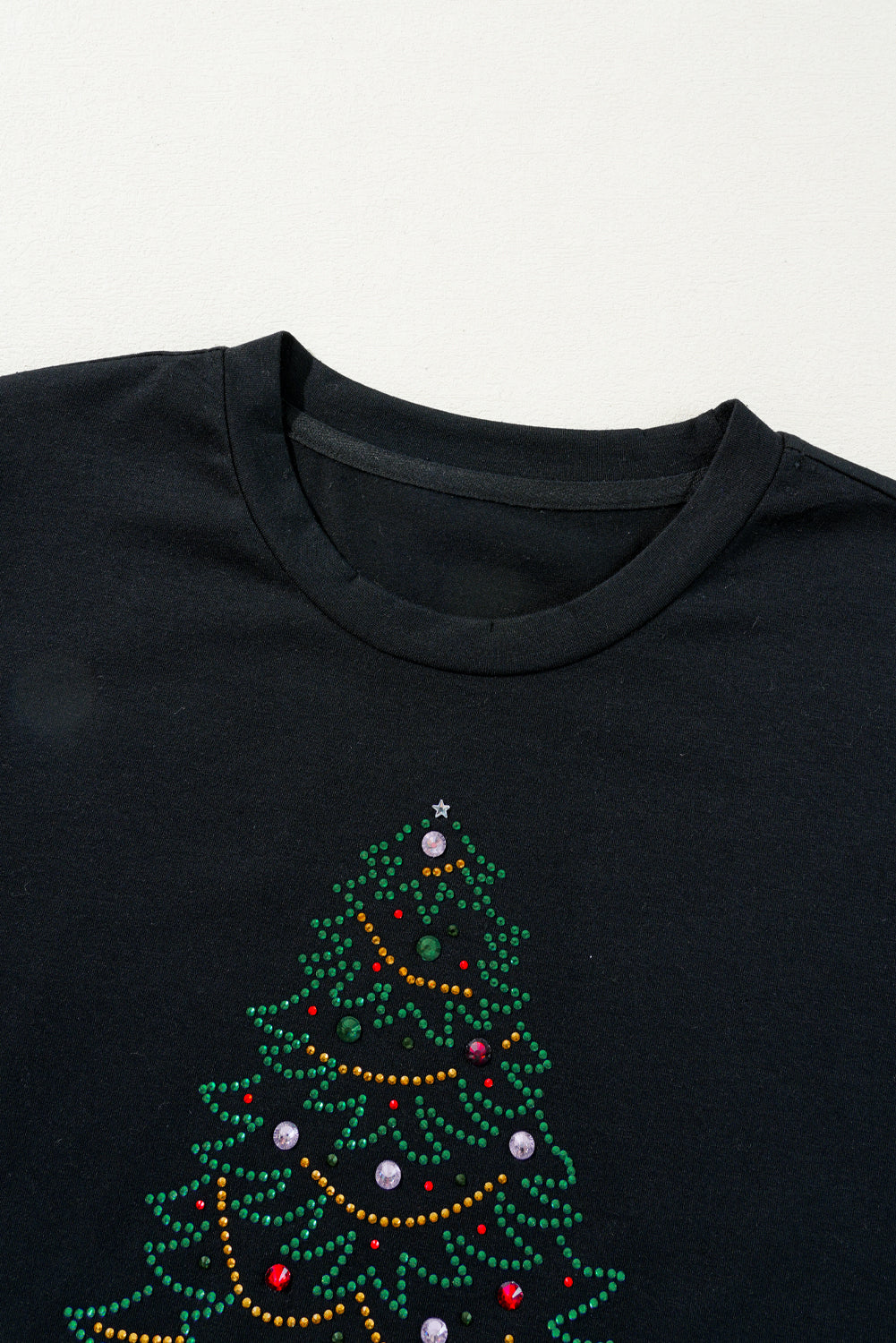 Rhinestone Christmas Tree Round Neck Black Tee