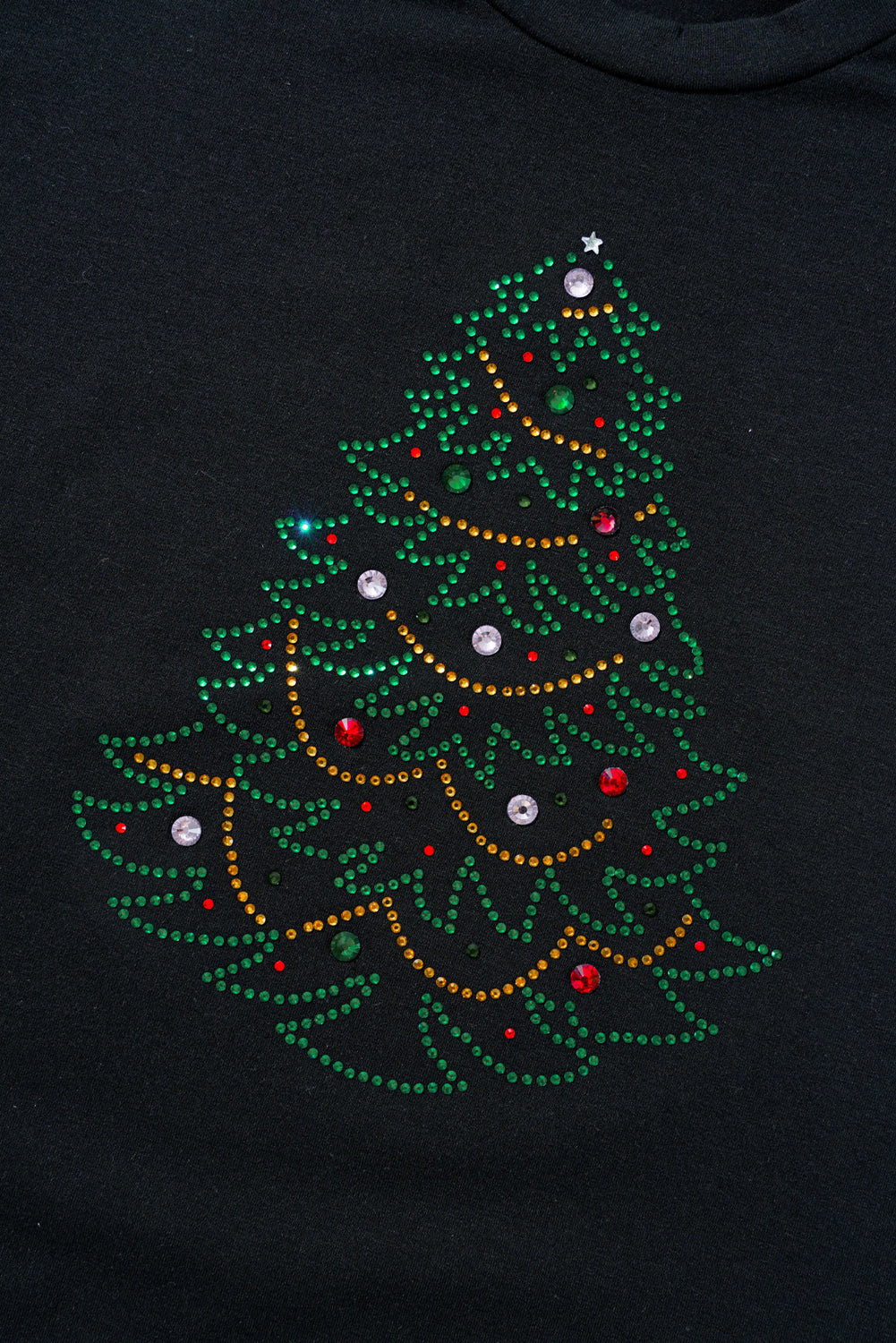 Rhinestone Christmas Tree Round Neck Black Tee