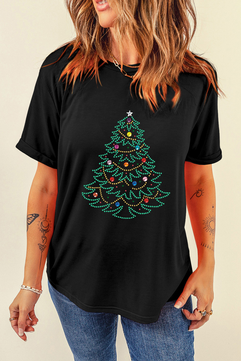 Rhinestone Christmas Tree Round Neck Black Tee