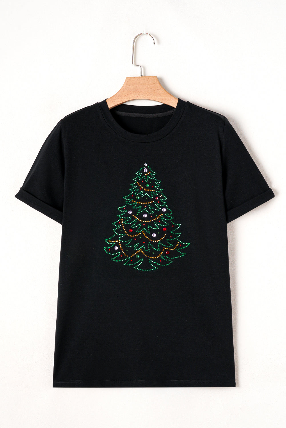 Rhinestone Christmas Tree Round Neck Black Tee