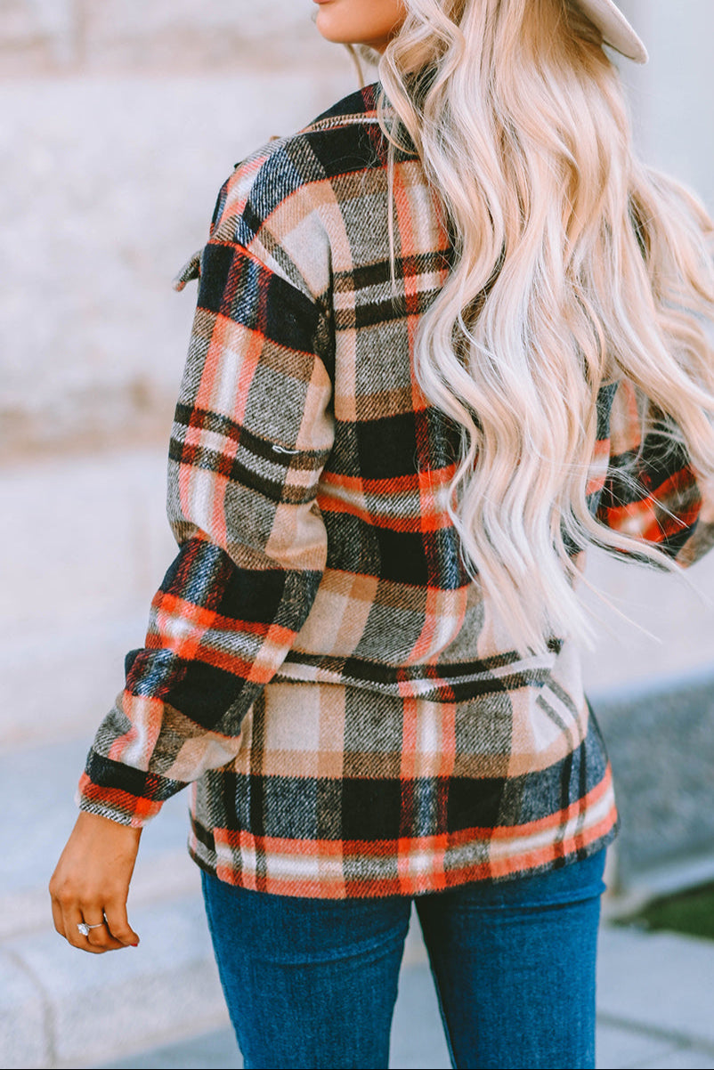 Khaki Geometric Plaid Print Pocketed Shacket