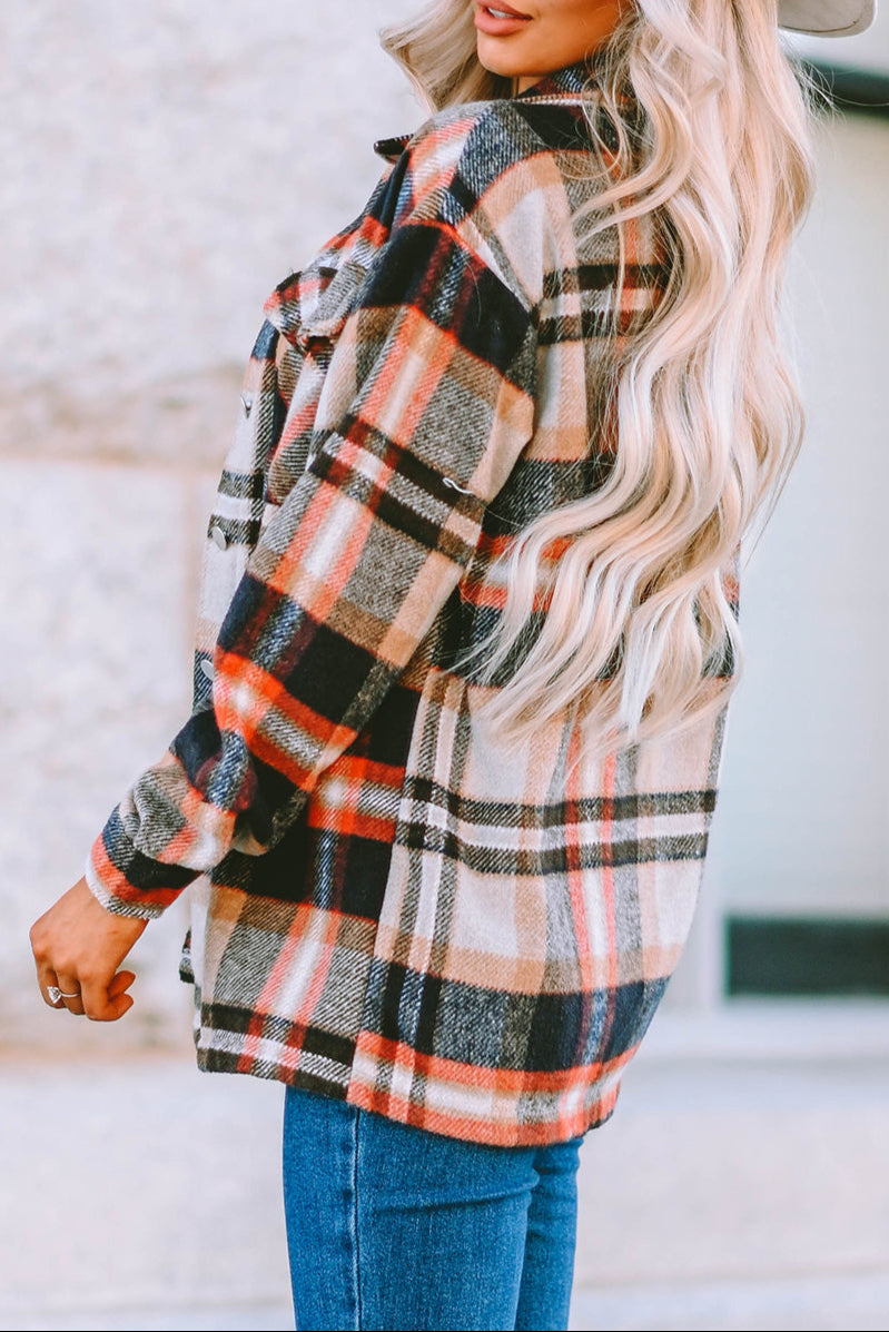 Khaki Geometric Plaid Print Pocketed Shacket