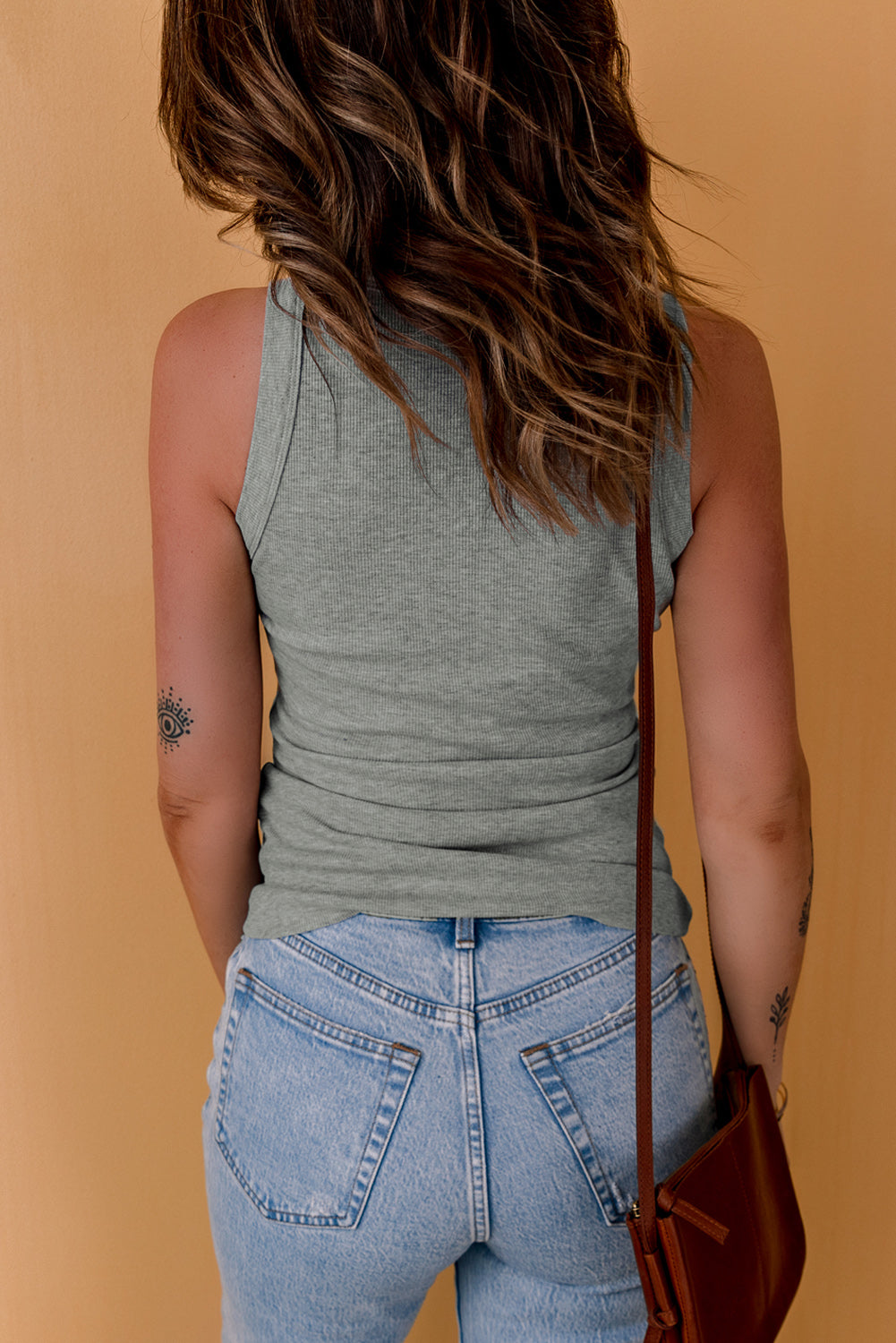 Solid Gray Ribbed Round Neck Tank Top