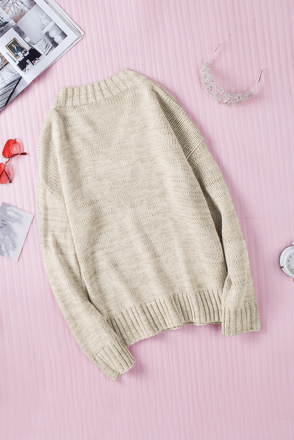 Khaki V neck Drop Shoulder Knitted Sweater