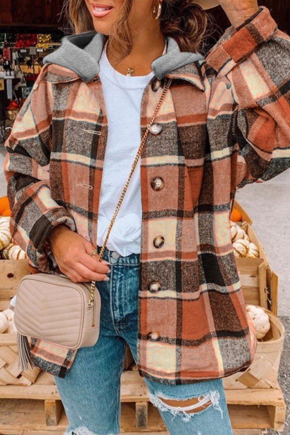 Orange Plaid Button Front Hooded Shacket