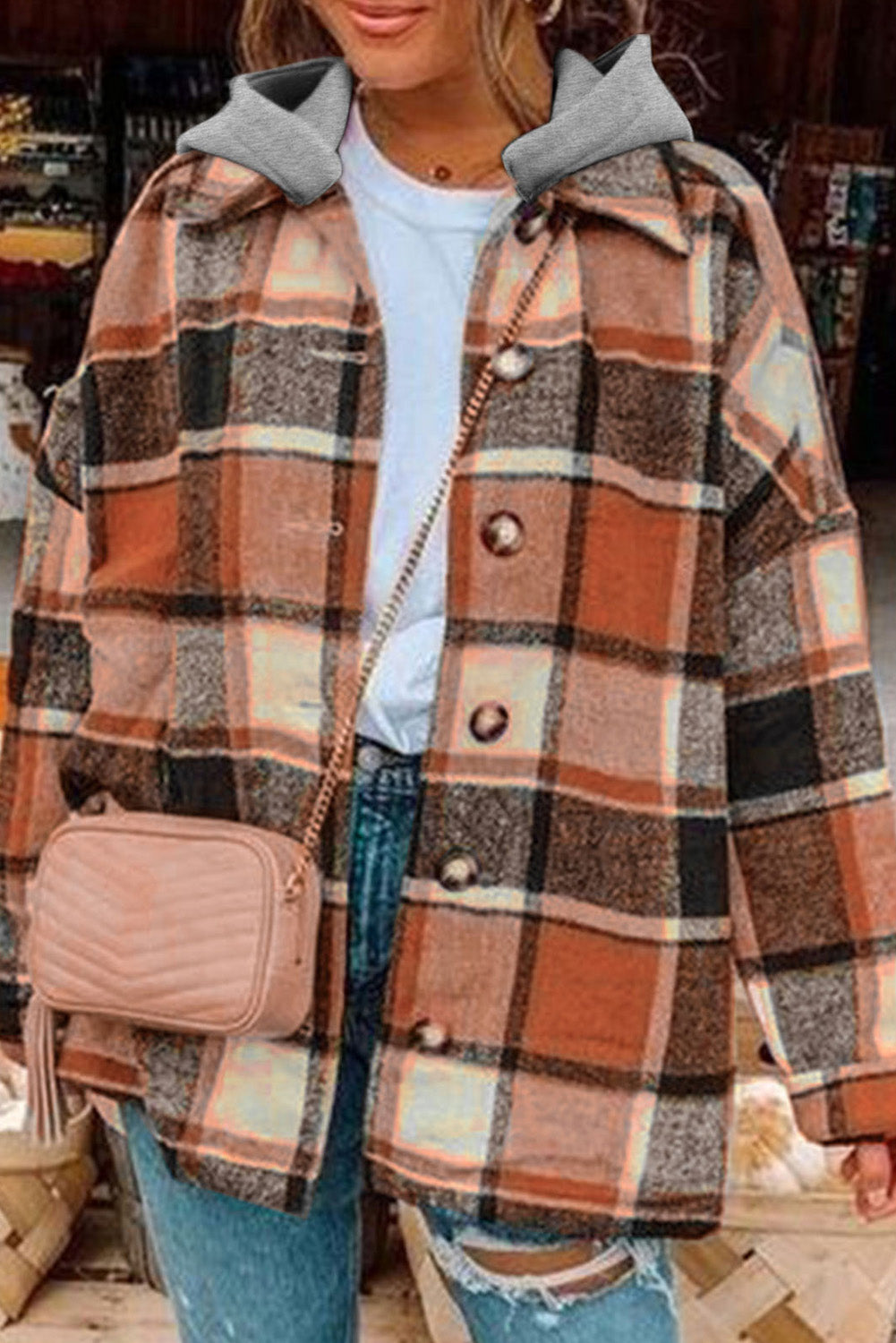 Orange Plaid Button Front Hooded Shacket