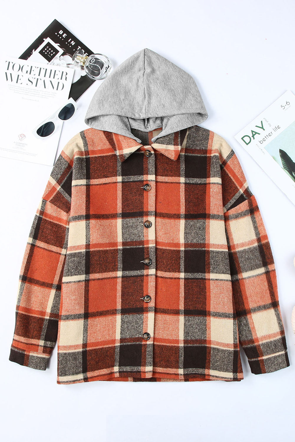 Orange Plaid Button Front Hooded Shacket