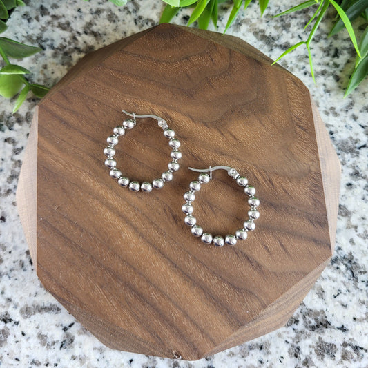 Silver Circle Ball Hoop Earrings | Waterproof Stainless Steel Hoops