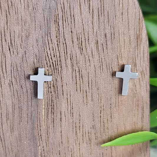 Silver PVD Cross Stud Earrings | Waterproof Stainless Steel Faith Jewelry