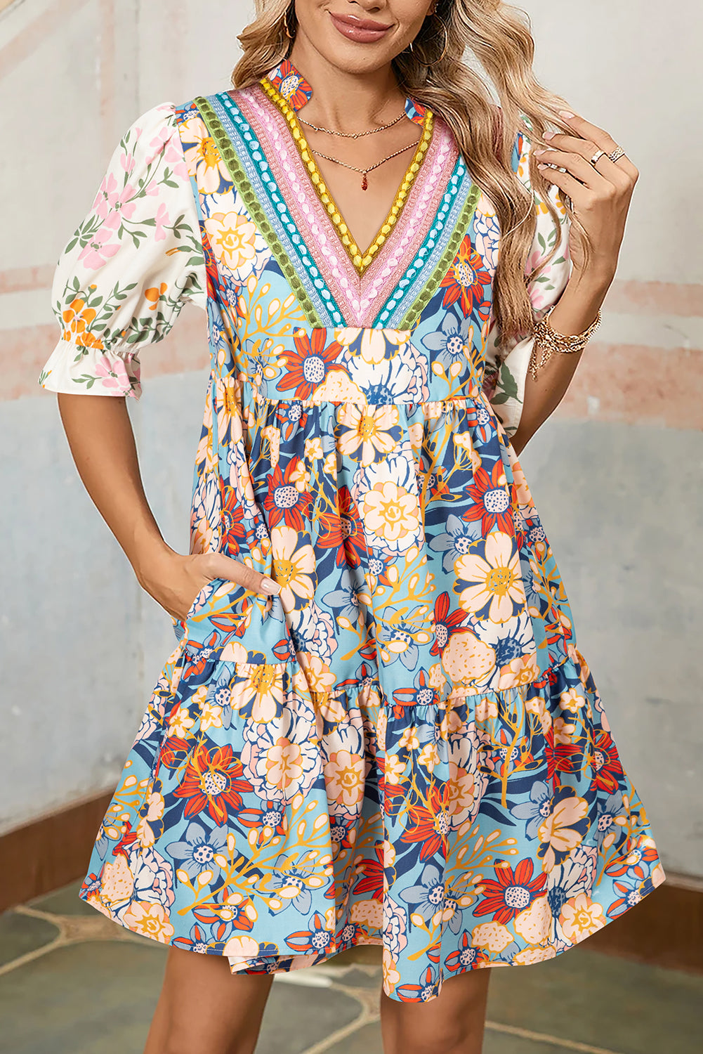 Multicolor Boho Floral Dress Crochet V-Neck Half Sleeve Loose Mini Dress