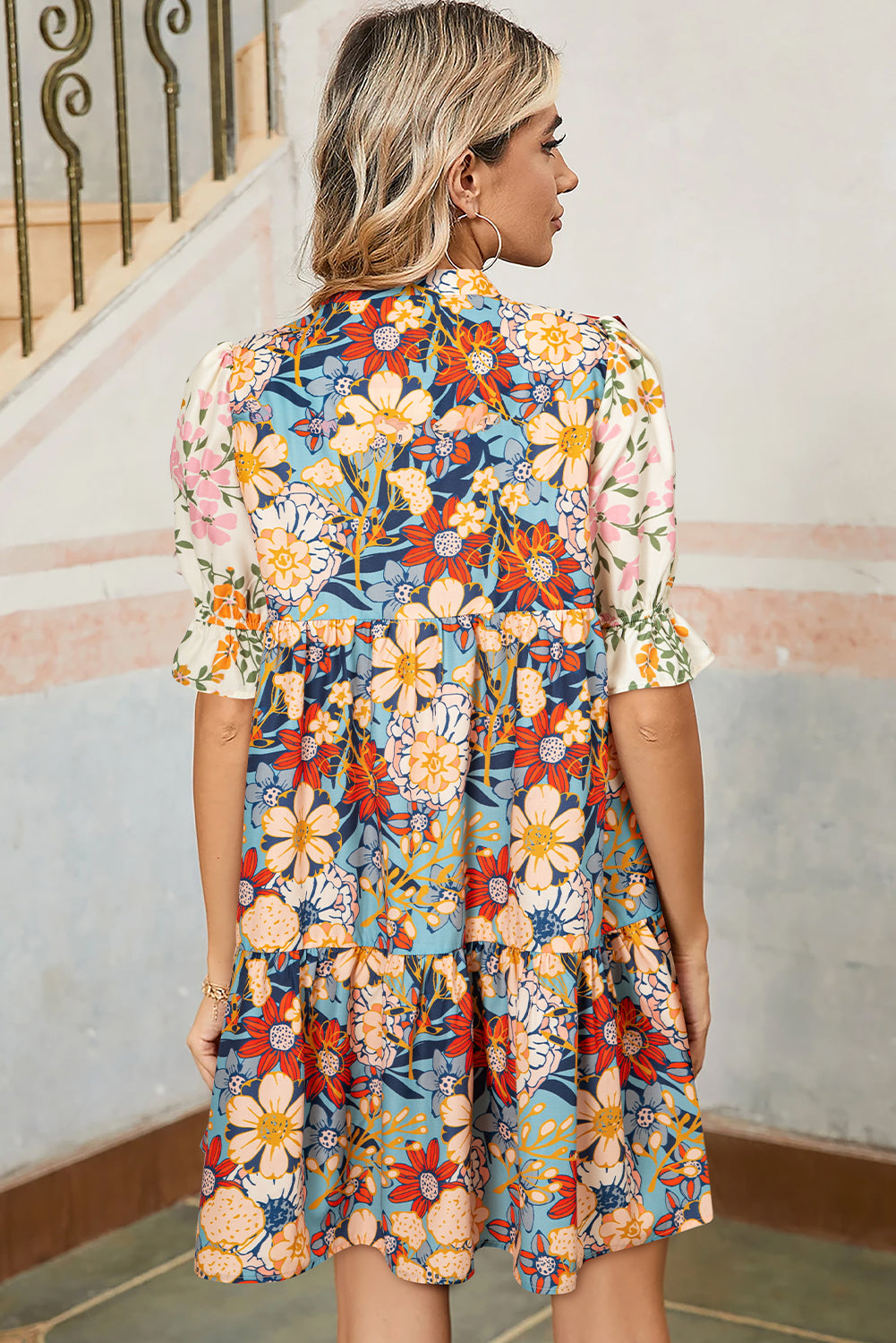 Multicolor Boho Floral Dress Crochet V-Neck Half Sleeve Loose Mini Dress
