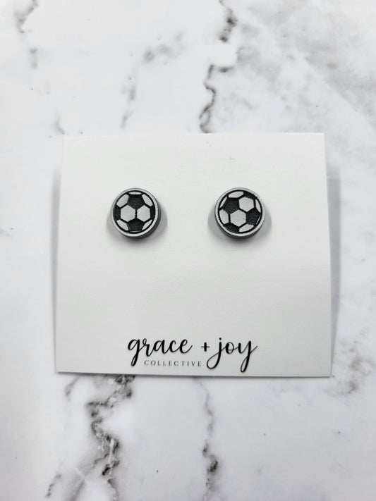 Handmade acrylic soccer ball stud earrings—lightweight, hypoallergenic, and perfect for players, fans, and soccer moms. A fun and unique gift!