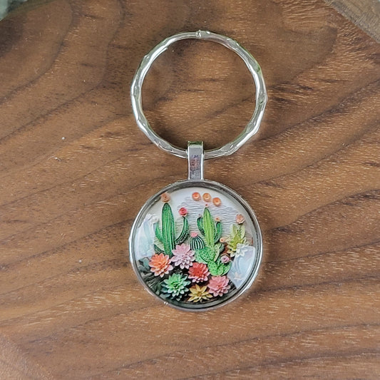 Cacti Cabochon Glass Keychain | Desert Scene Floral Key Ring