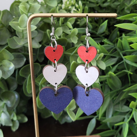 Patriotic Red White Blue Heart Earrings | Wooden Dangle 4th of July Earrings