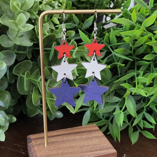 Patriotic Red White Blue Star Earrings | Wooden Dangle 4th of July Earrings