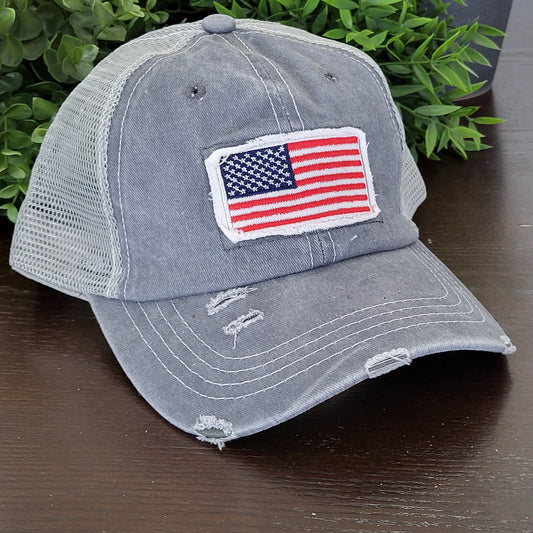 Patriotic USA Flag Ponytail Baseball Hat | Women’s Distressed Gray Cap
