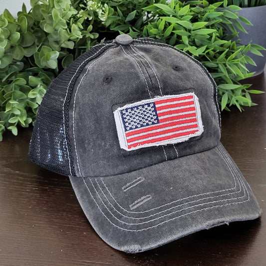 Patriotic USA Flag Ponytail Baseball Hat | Women’s Distressed Black Cap