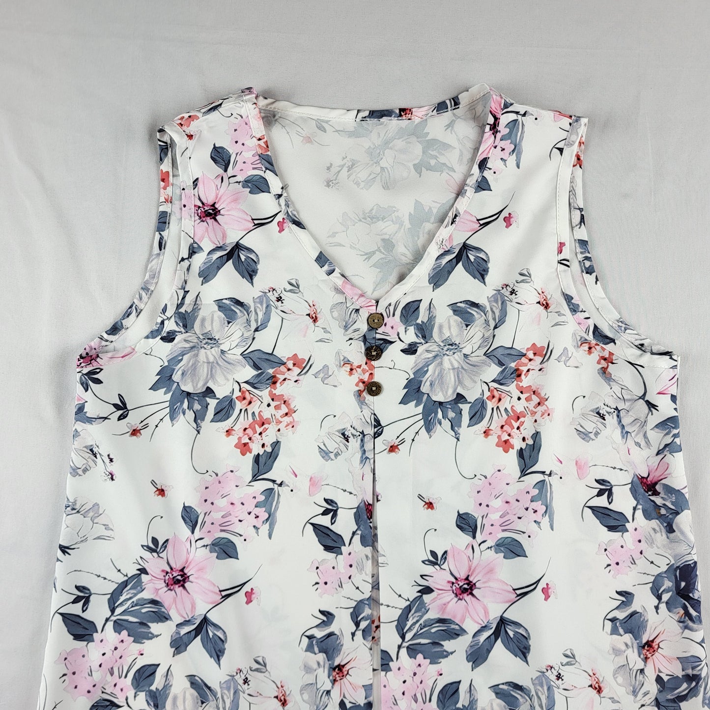 Floral Print Sleeveless V-Neck Blouse (Pink & Gray Flowers)