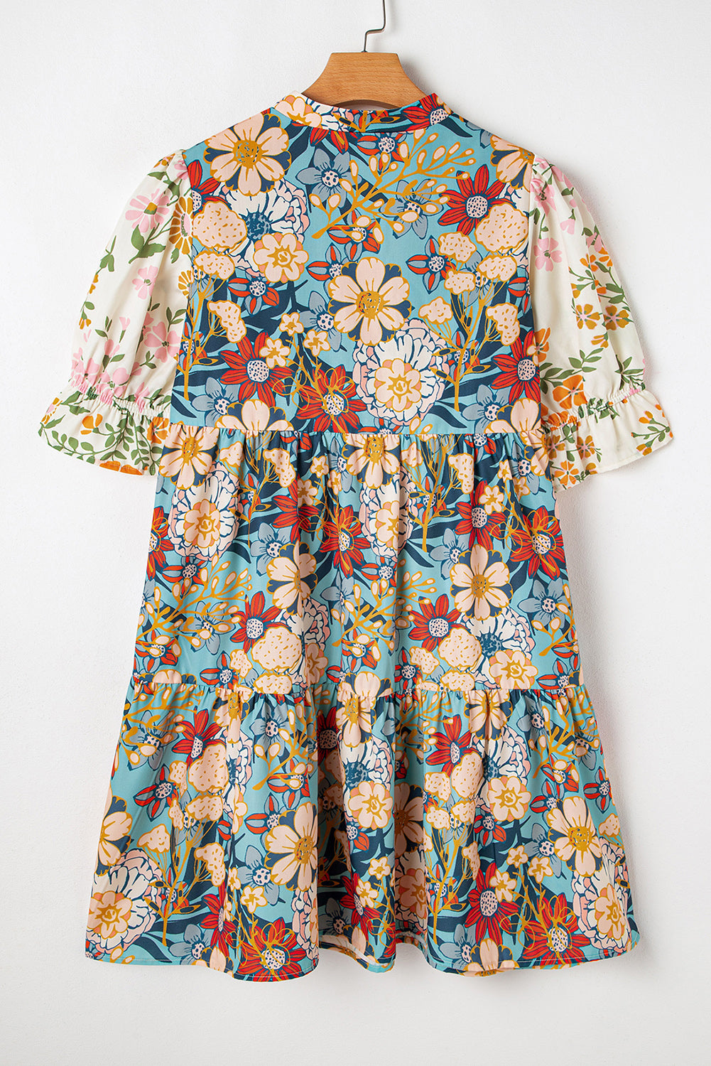 Multicolor Boho Floral Dress Crochet V-Neck Half Sleeve Loose Mini Dress