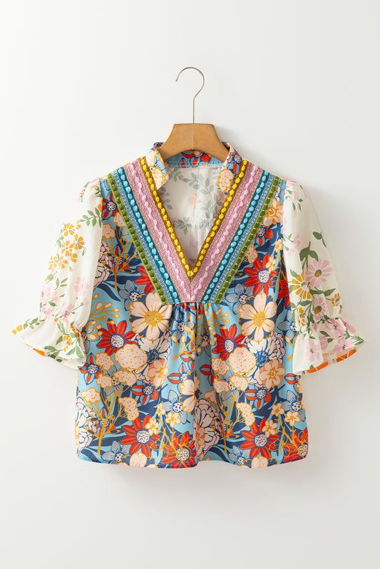 Multicolor Boho Floral Blouse Crochet V Neck Half Sleeve