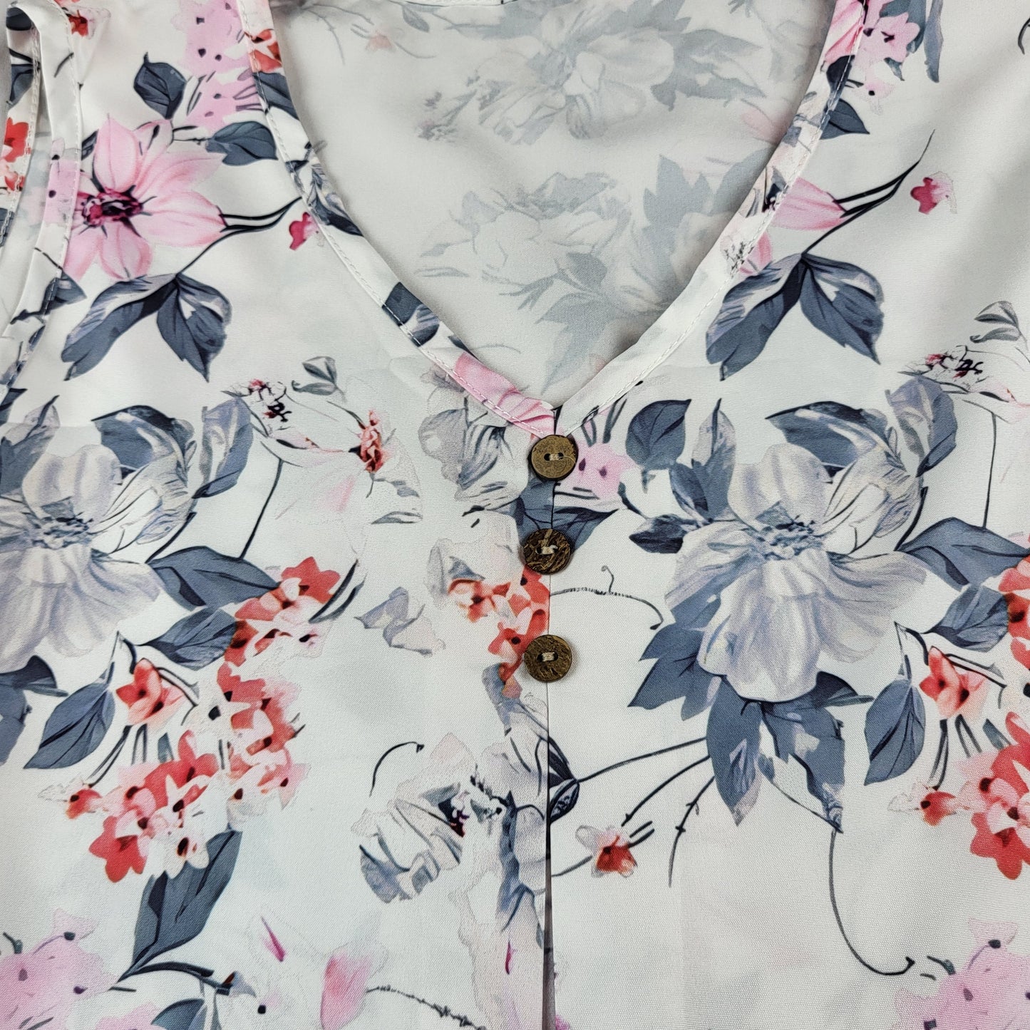 Floral Print Sleeveless V-Neck Blouse (Pink & Gray Flowers)