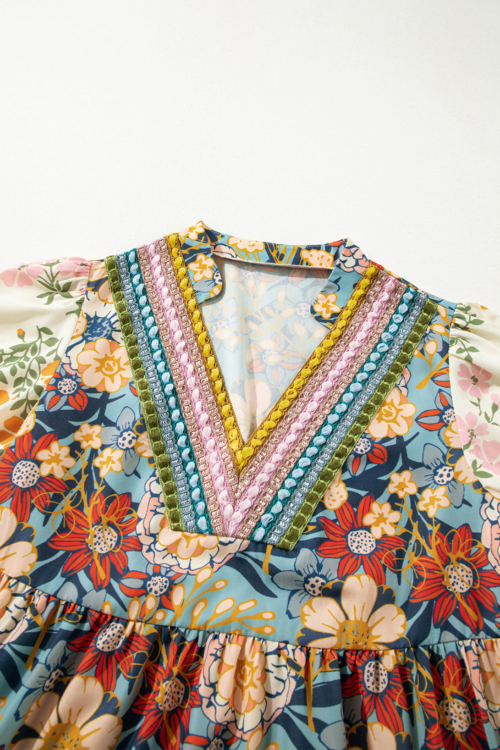 Multicolor Boho Floral Dress Crochet V-Neck Half Sleeve Loose Mini Dress