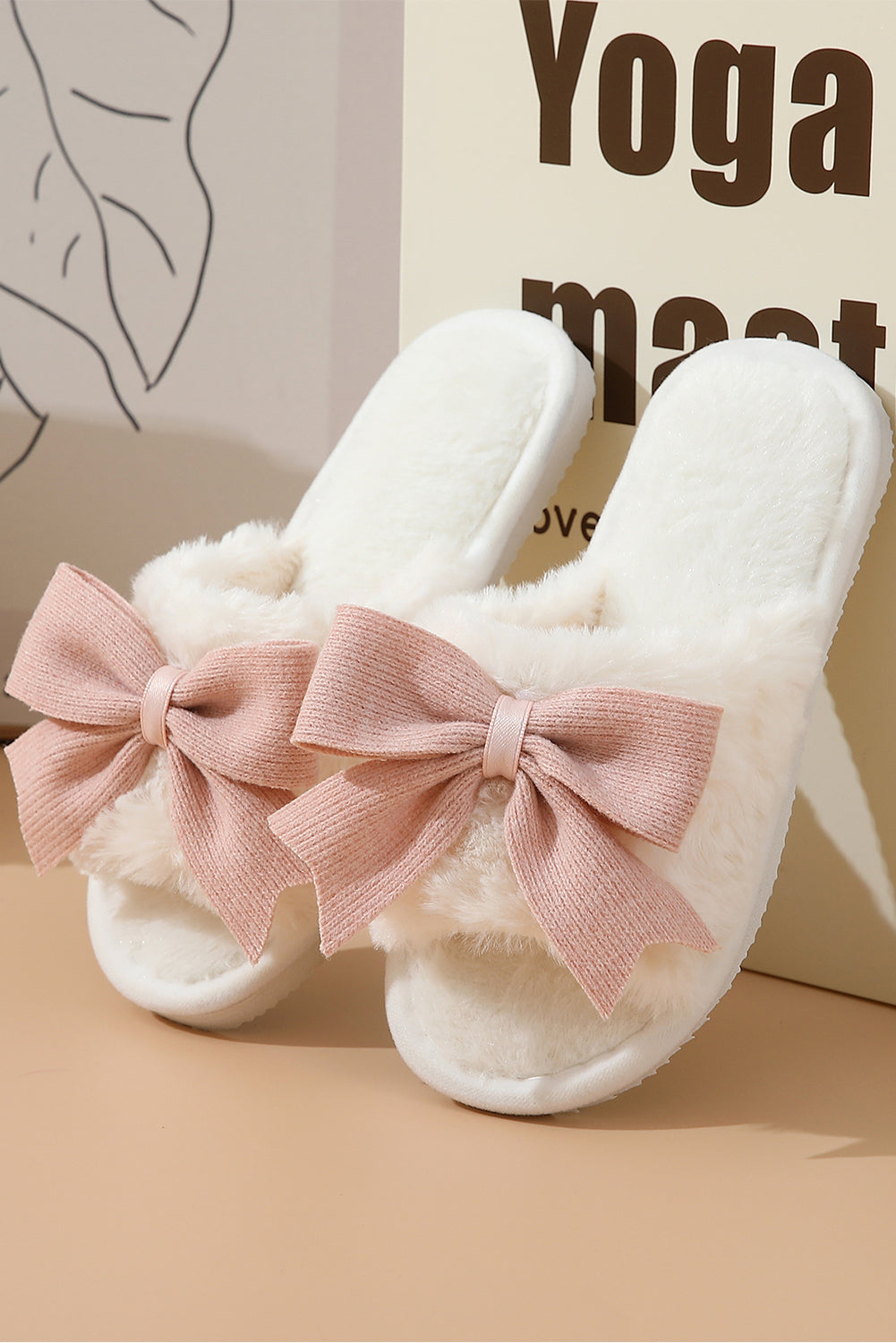 Pink Bow White Open Toe Plush Slippers