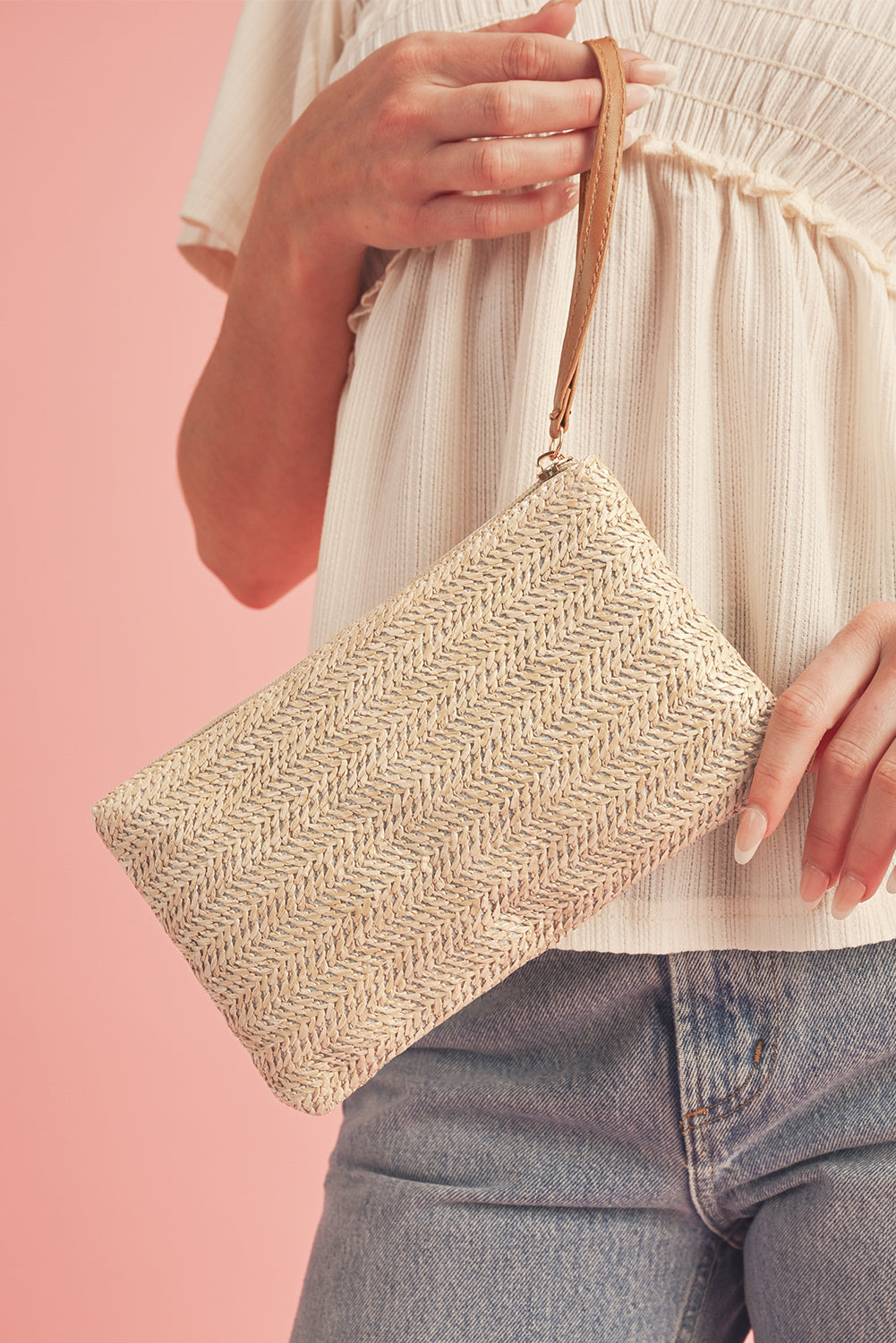 Straw Woven Clutch With Wrist Strap