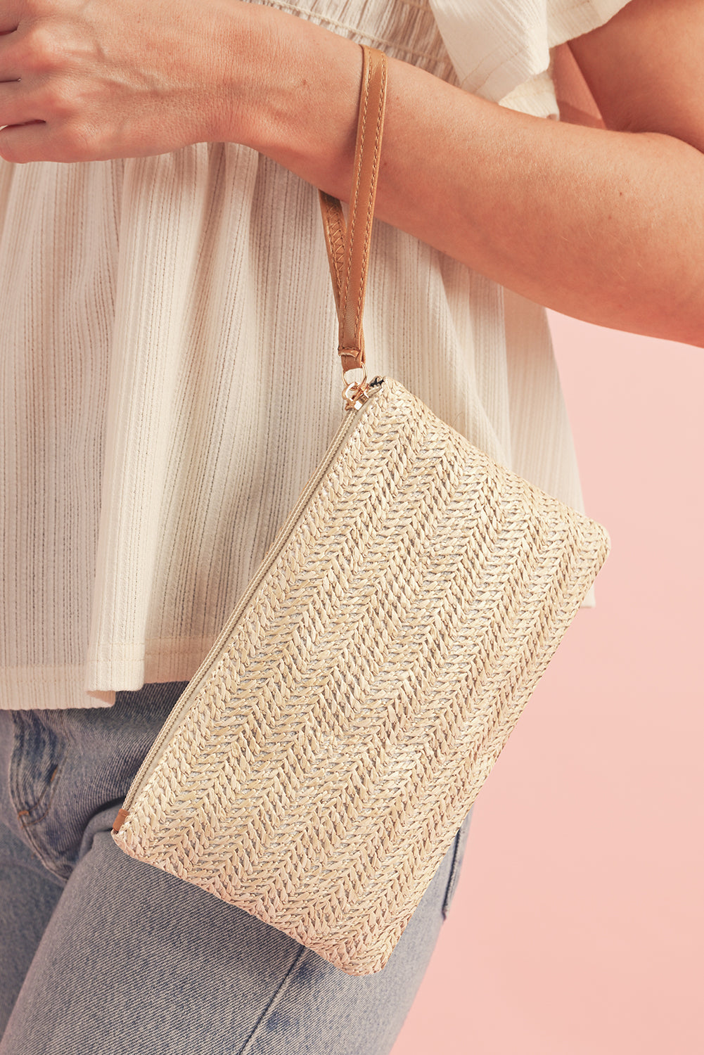 Straw Woven Clutch With Wrist Strap