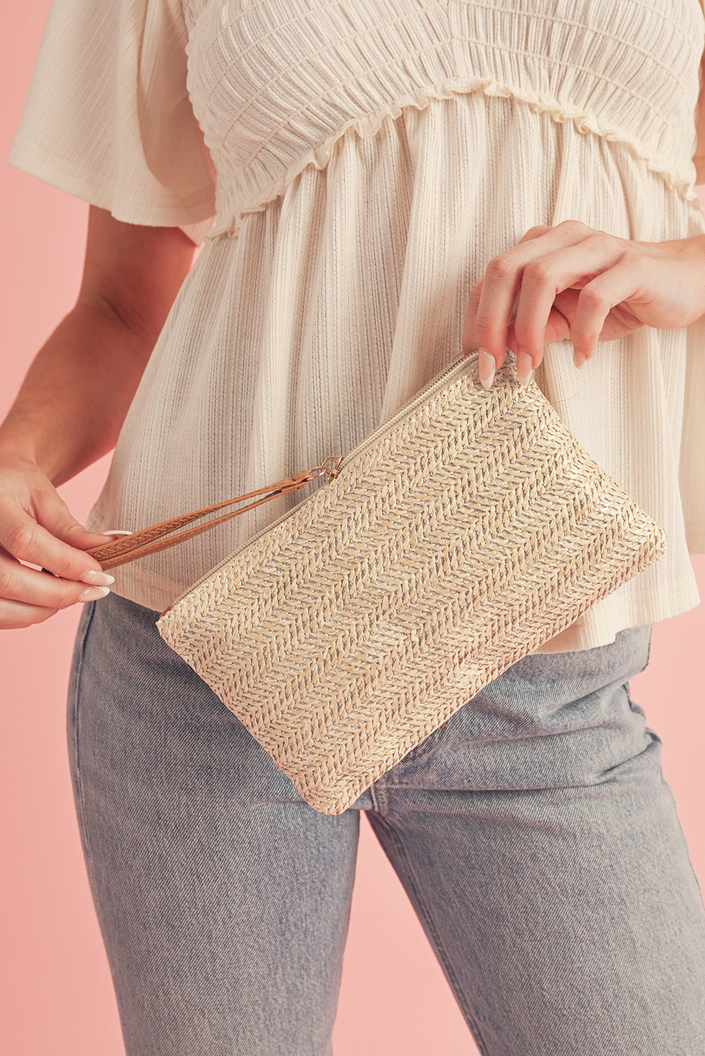 Straw Woven Clutch With Wrist Strap