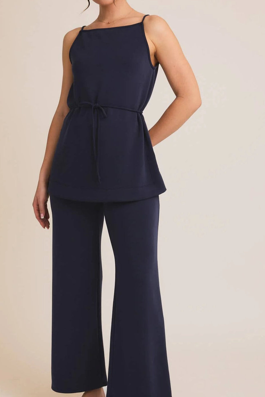 Boat Neck Strap Waist Tie Top and Wide Leg Pants