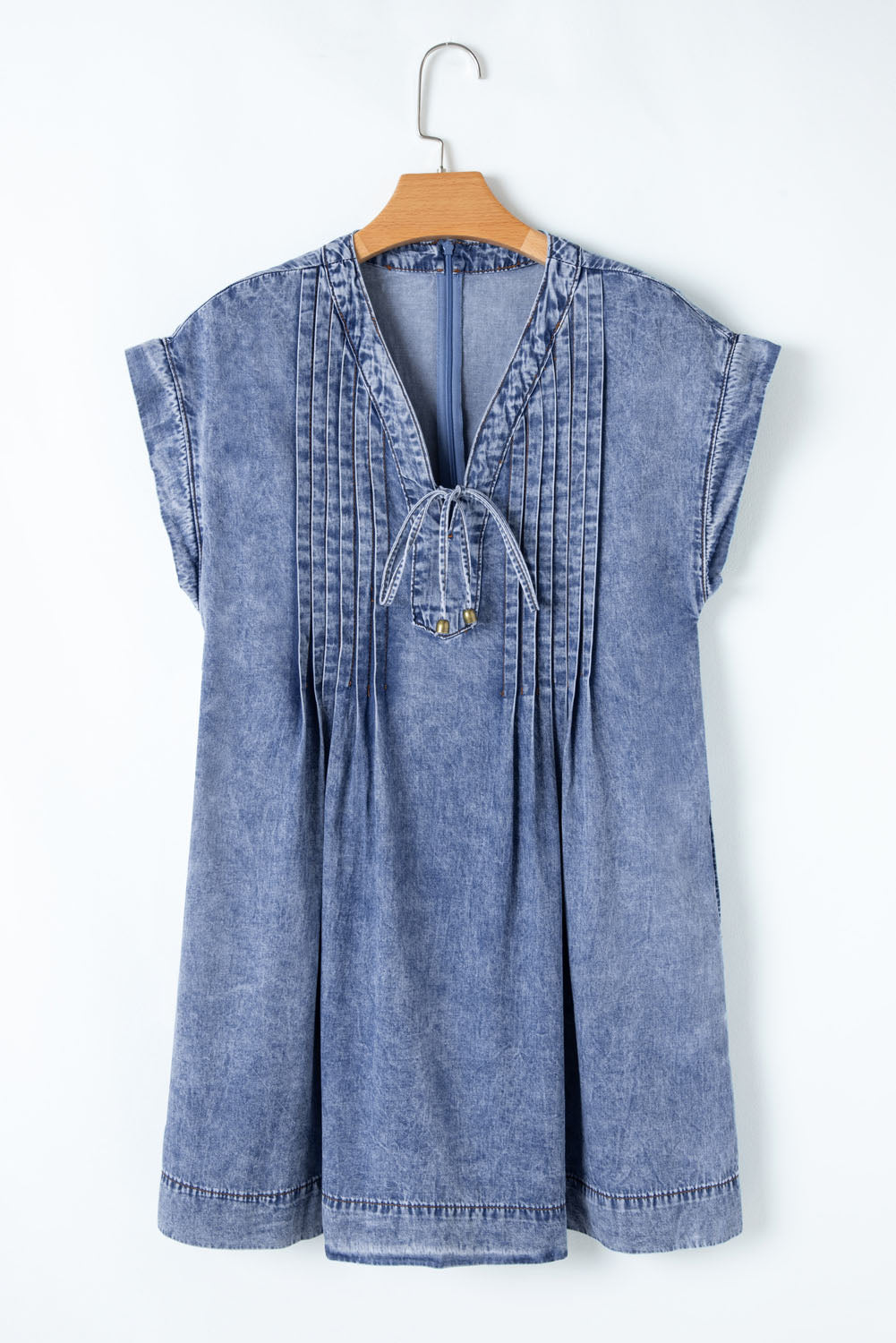 Denim Shift Dress with Tie V Neck Tucking Detail Short Sleeve