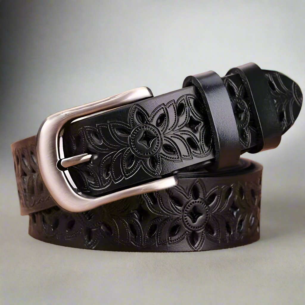 Floral Hollow-Out Black Faux Leather Belt