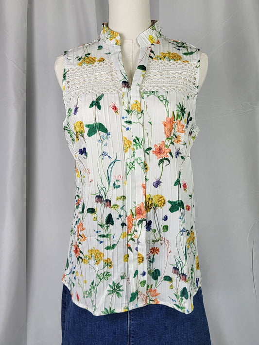 Floral Print Lace Sleeveless V-Neck Blouse