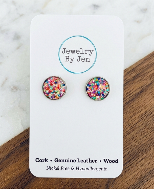 Confetti Glitter Stud Earrings | 12mm Stainless Steel | Jewelry By Jen