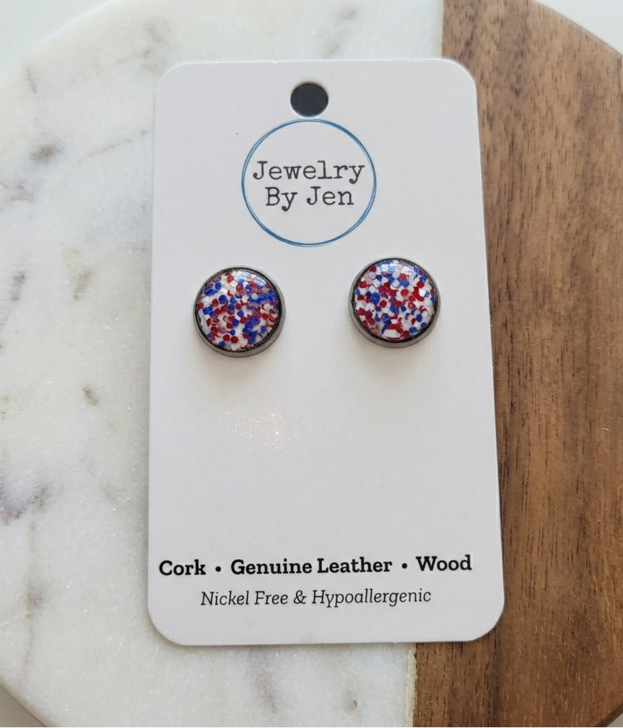 Red White & Blue Glitter Stud Earrings | Patriotic Stainless Steel Studs